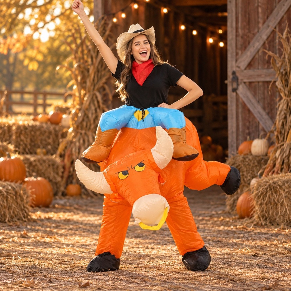 Funny Costumes Inflatable Bull Riding Costume Rodeo Rider Adult Orange Blow Up - Picture 2 of 4